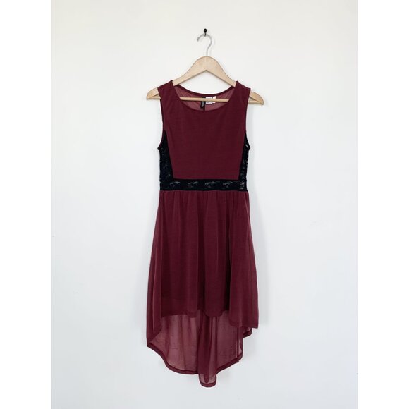 H&M Lace Chiffon High-Low Hem Mesh Burgundy Party Dress Size S - Picture 3 of 5